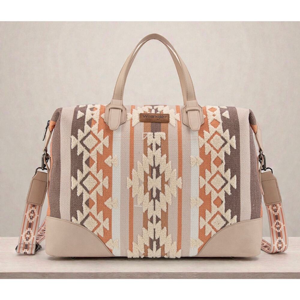 Wrangler Tan Sherpa Aztec Canvas Duffle Travel Bag *NEW w/ Tags*